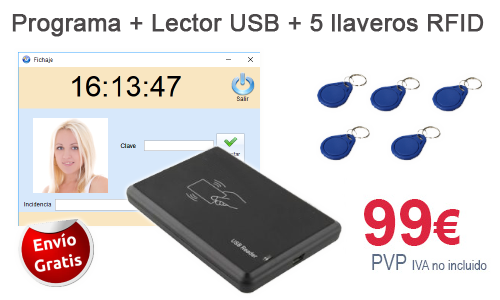 programa fichaje + lector RFID + 5 llaveros RFID por 99€